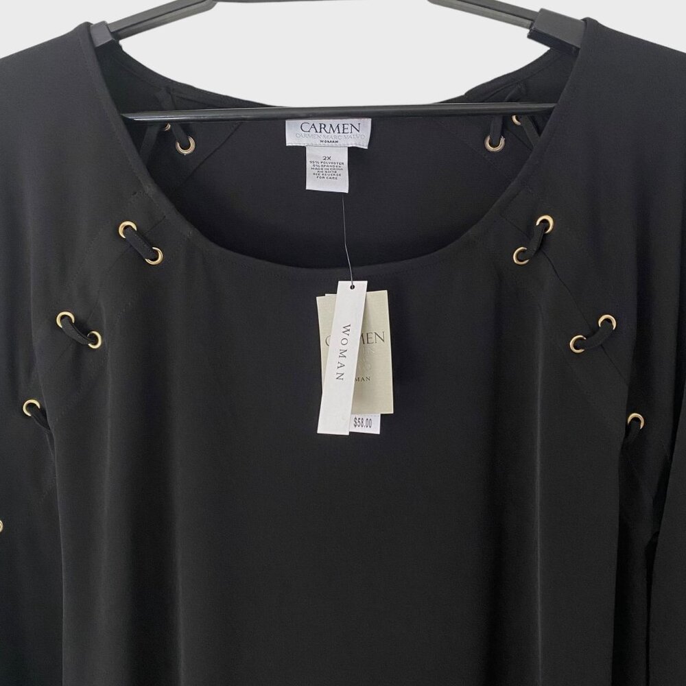 Carmen Marc Valvo Scoop-Neck 3/4 Sleeve Blouse Women's 2X Grommet Lace-Up New - Picture 5 of 11